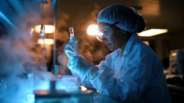 Female medical worker examines test tube with frozen egg donation in cryo storage in IVF lab, cryopreservation of sperm in laboratory