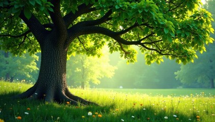 Tree's leafy canopy with barefoot footprint hole, forest, footprints, hole