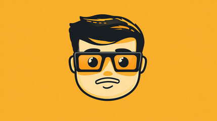 A cartoon-style face with large square glasses and a neutral expression set against a vibrant yellow background creating a fun modern aesthetic

