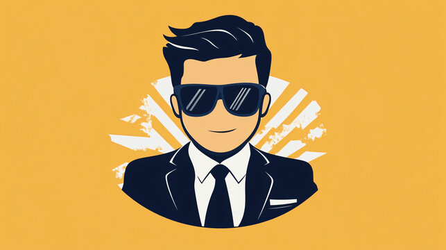 Modern minimalist digital illustration of a confident businessman wearing sunglasses against a bright yellow background with a bold graphic style  
