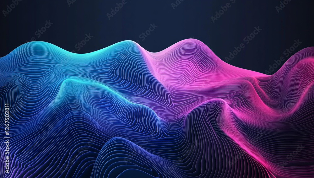 Poster abstract blue gradient background with a curved shape and glowing light effect on a black color, for