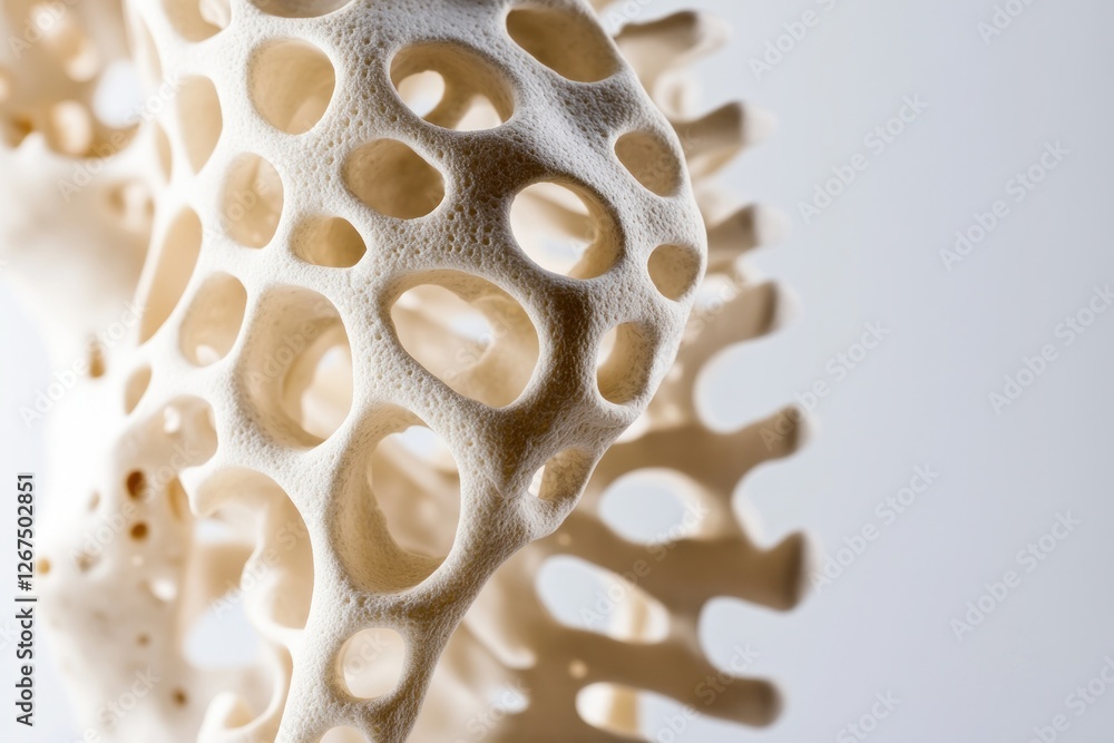 Poster intricate close-up of textured bone structure with unique porous design against neutral background