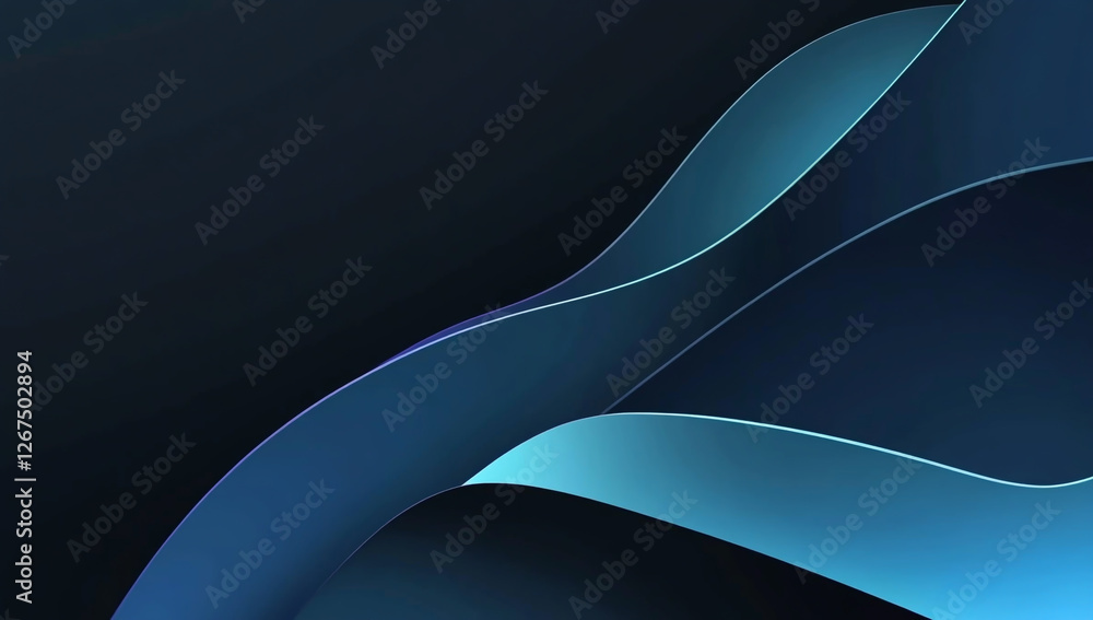 Poster abstract blue gradient background with a curved shape and glowing light effect on a black color, for