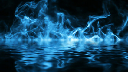 Fototapeta premium Abstract blue smoke background with a reflection on the floor, black background. Shiny smoke on a dark water surface, smoky fog.
