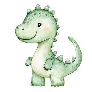 Fototapeta Adorable green dinosaur watercolor illustration happy friendly dino