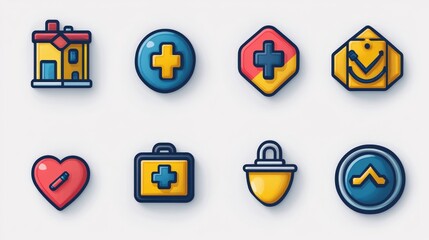 Fototapeta premium Colorful icons representing health, safety, and home care in a modern flat design layout