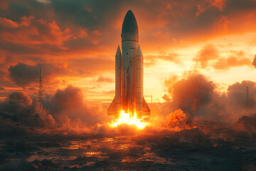 Spectacular rocket lift-off against a fiery sunset backdrop of smoky clouds