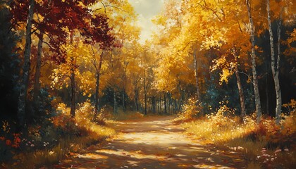 Fototapeta premium A handpainted Impressionist landscape featuring vibrant autumn trees