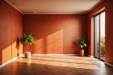 Fototapeta premium Empty room, terracotta walls. Neutral, minimalist studio shot ideal for showcasing home decor or product photography.
