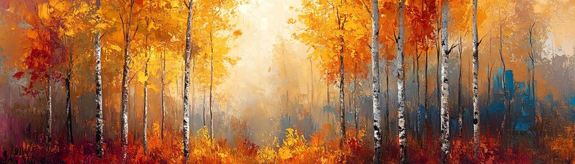 A semiabstract Impressionist painting of a forest in autumn, featuring colorful trees with yellow and red aspen leaves, expressive brushwork, warm tones, ultradetailed, 4K