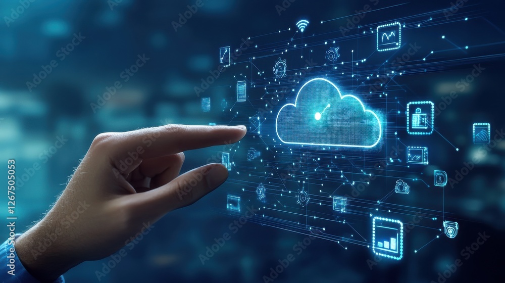 Poster cloud service concept with man finger touching digital screen with cloud service application icons a