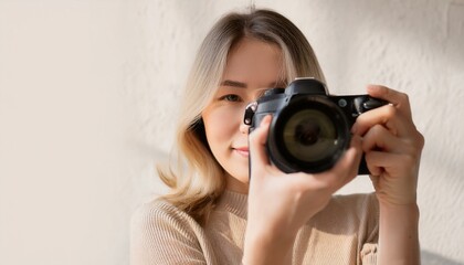 一眼レフカメラを持つ女性