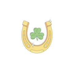 Golden horseshoe with shamrock. Symbol of luck and prosperity. Good luck charm. St Patrick's day design element. Isolated on a white background.