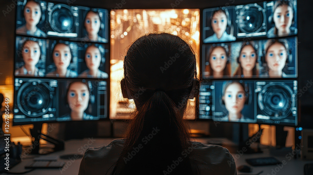 Poster cybersecurity control room utilizing ai for monitoring digital clones of employees during a security