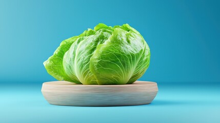 Fresh Green Cabbage on Wooden Cutting Board Against Blue Background