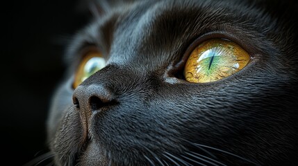 Close-up of a black cat's face, showcasing its bright yellow eyes and dark fur.