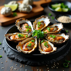 Fresh oysters topped with sauce and green onions
