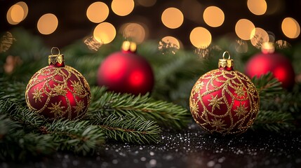 Festive Red Ornaments, Sparkling Lights, Holiday Background