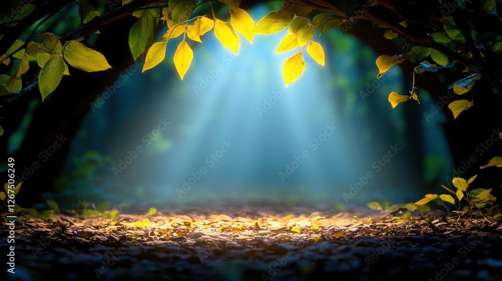 Aufkleber a serene forest scene illuminated by soft rays of light filtering through lush green leaves, creatin