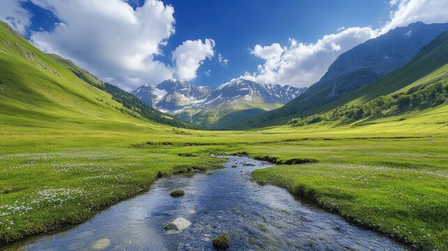 Stunning Alpine Valley &ndash; Serene Stream Flowing Through Lush Green Meadows and Snow-Capped Peaks