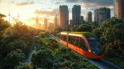 Eco-friendly urban transit at sunset