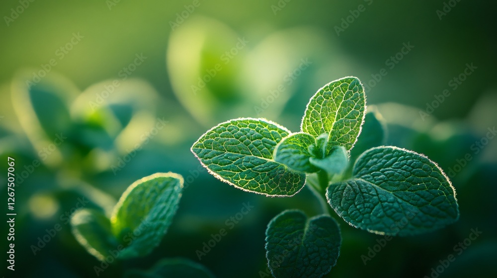 Poster macro shot of mint leaf cluster featuring smooth glossy surfaces and defined veins and edges