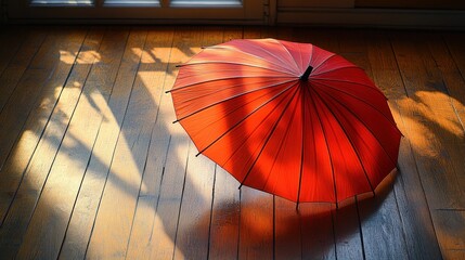 Red umbrella on wooden floor, sunlit room, shadows, interior design