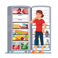Woman opened the refrigerator door, thinks what food to choose. Modern flat style thin line vector illustration isolated on white background