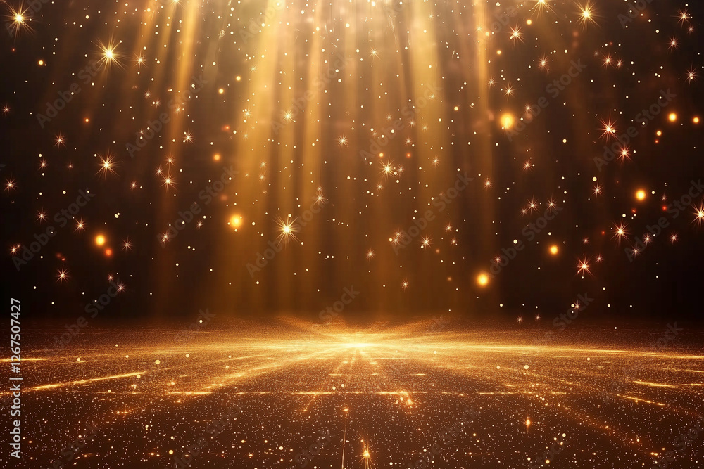 Poster bright, golden background with a lot of sparkles. the background is a gold color and the sparkles ar