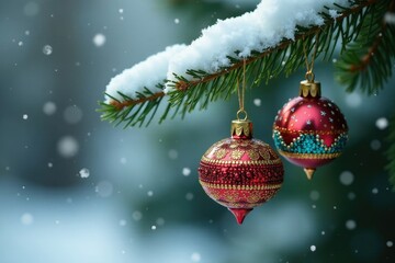 African-inspired beaded ornaments on a snow-covered pine branch with delicate snowflakes, snowfall, pine tree, african craft