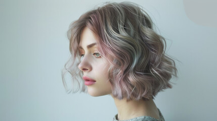 woman with wavy, pastel colored hair gazes thoughtfully to side, showcasing modern hairstyle. Her soft features and gentle expression add to serene atmosphere