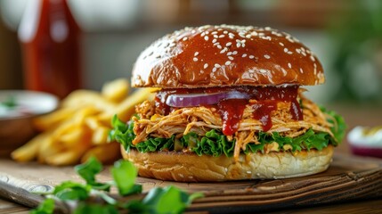 Pulled chicken sandwich on a wooden table, white background