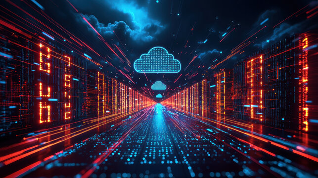 Futuristic cityscape showcasing cloud data backups with encrypted files navigating through neon-lit cyber networks