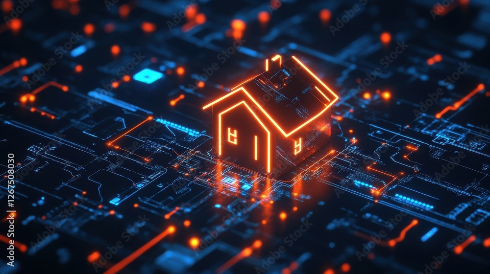 Poster smart system management and smart home technologies concept with glowing digital home icon surrounde