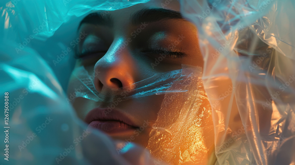 Poster close up portrait of person with serene expression, partially covered in translucent plastic, creati