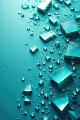 Broken mirror glass shards scattered on a blue-green aquamarine stone surface, fragmentation, aquamarine, abstract background