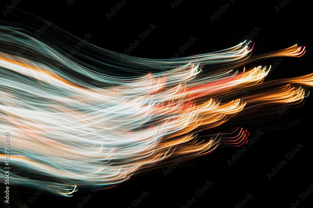 Poster blurry image of a long, wavy line of light. the image is black and white, and the light appears to b