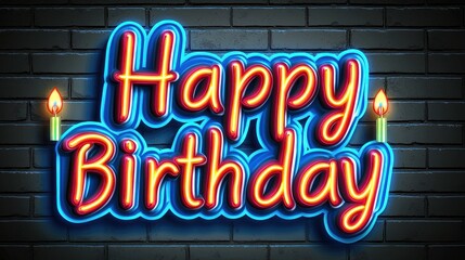Fototapeta premium Neon Happy Birthday Sign with Candles on Dark Brick Wall Background