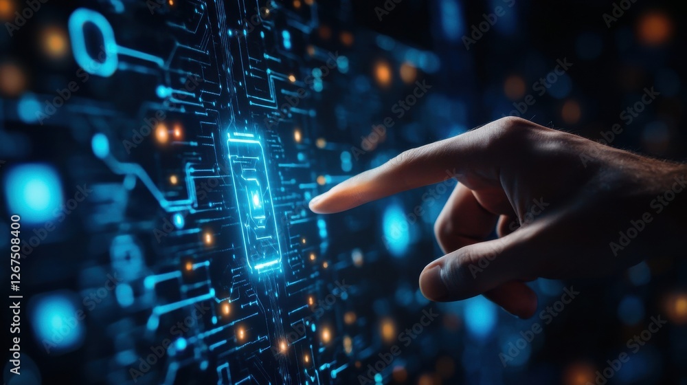 Poster close up of man hand pointing at abstract glowing digital business circuit network and tick mark int