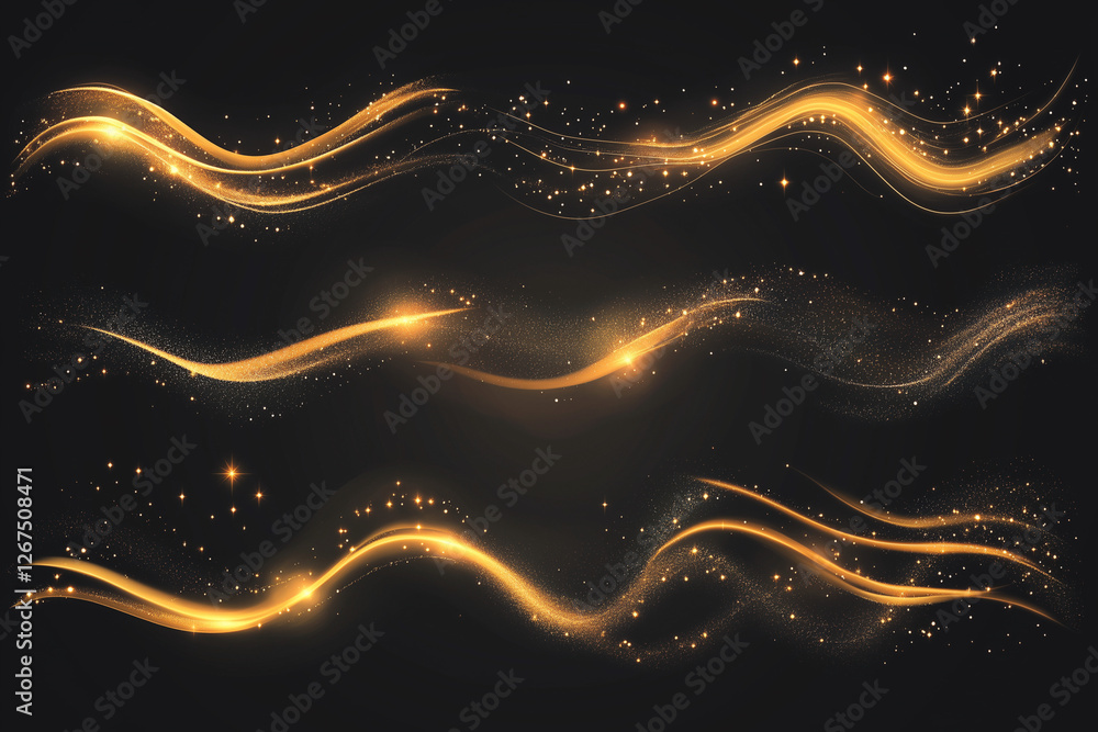 Poster set of three sets of gold and black swirls. The swirls are in different sizes and are scattered across the image
