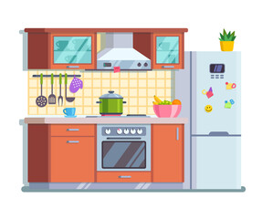 Kitchen with a yellow tile and a fridge. Modern flat style thin line vector illustration