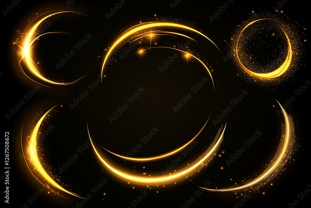 Poster series of gold circles with a black background. The circles are all different sizes and are arranged in a way that creates a sense of movement and energy. Scene is dynamic and exciting