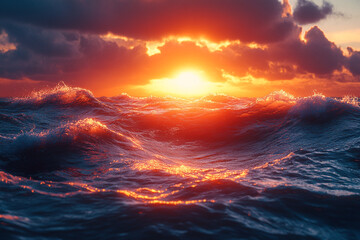 Fototapeta premium Crimson Horizon, Dynamic Waves Under a Fiery Dusk Embrace the Sea