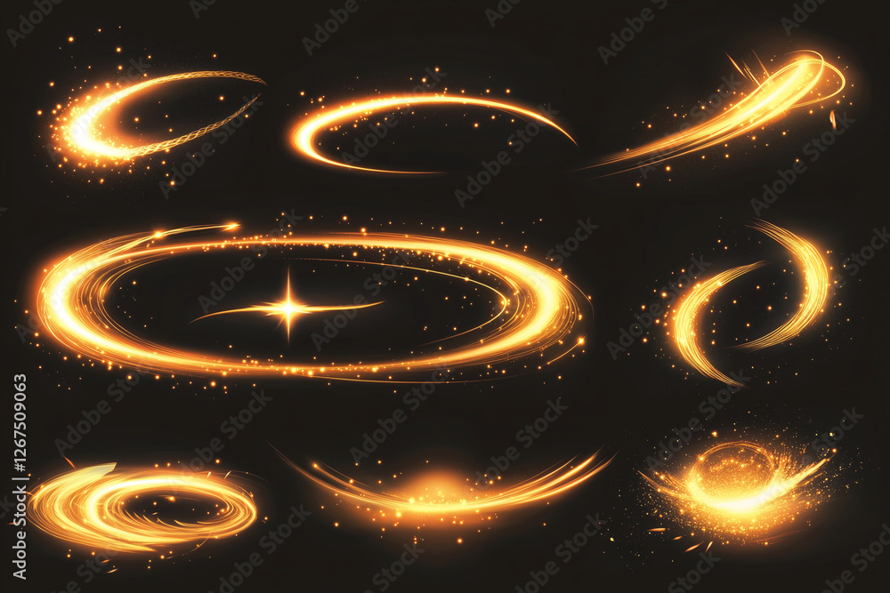 Poster set of bright yellow circles and spirals on a black background. the circles and spirals are all diff