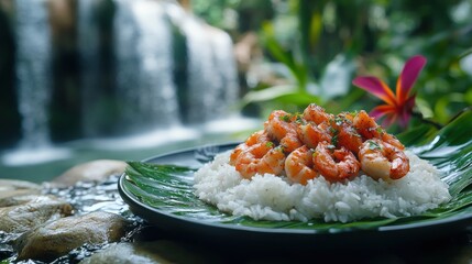 Grilling Fresh Seafood with Rice on Tropical Banana Leaves Island Paradise Culinary Delight Natural Setting Flavorful Experience