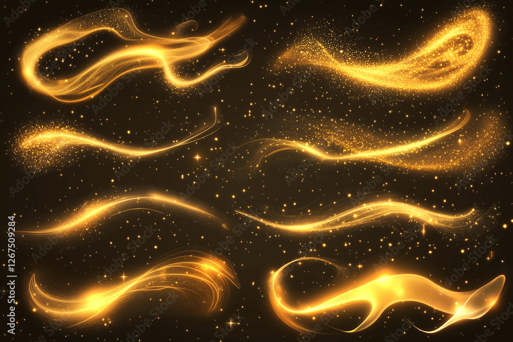 Poster series of gold streaks on a black background. the streaks are of varying sizes and shapes, creating 