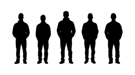 Casual Male Silhouettes Standing In A Row Wearing Hoodie and Jacket