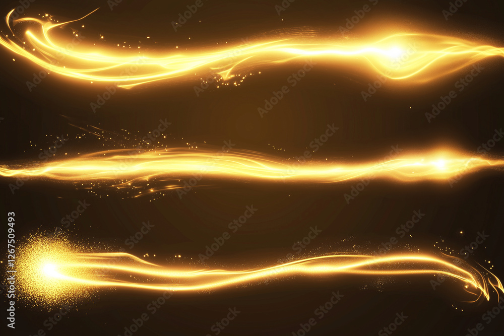 Poster three sets of glowing yellow lines on a dark background. the lines are wavy and seem to be moving. t