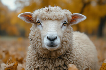 Fototapeta premium Autumnal portrait of a woolly sheep with a curious expression