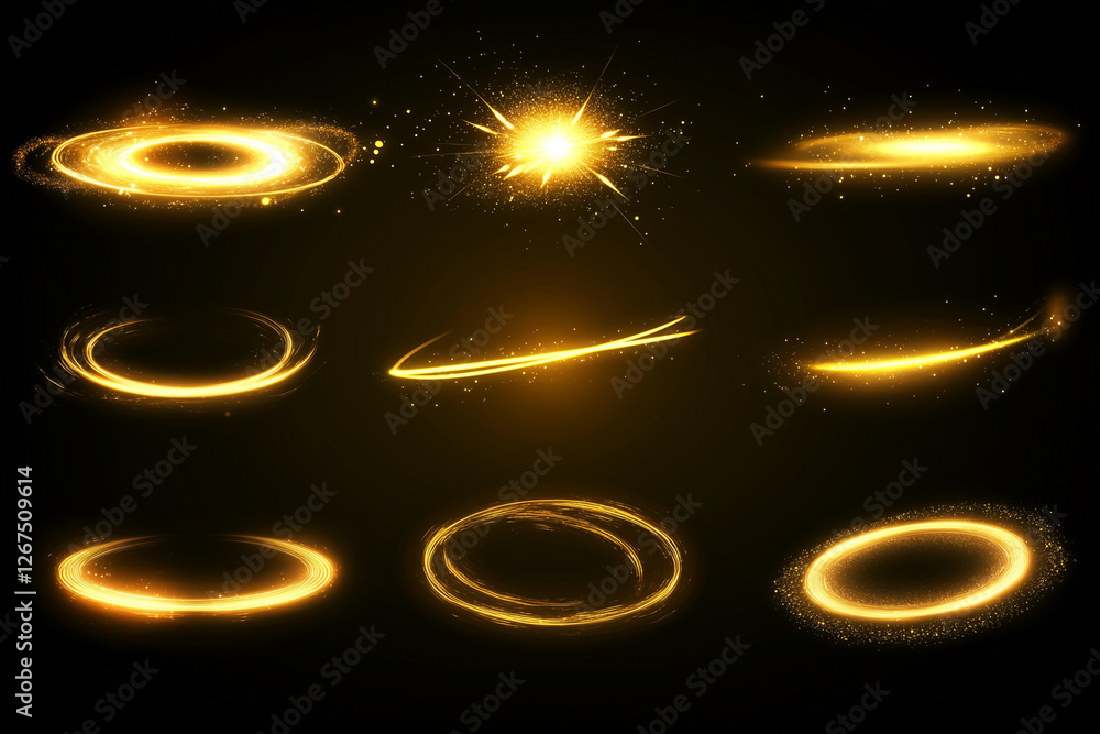 Poster set of golden circles and ovals with a black background. the circles and ovals are all different siz